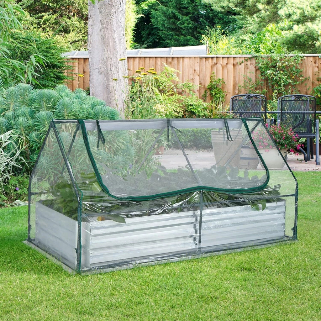 Orto Rialzato Zincato con Serra, Aiuola Senza Fondo con Copertura Trasparente, Fioriere con Finestre Avvolgibili per Giardino e Terrazzo, 180 x 90 x 91 cm