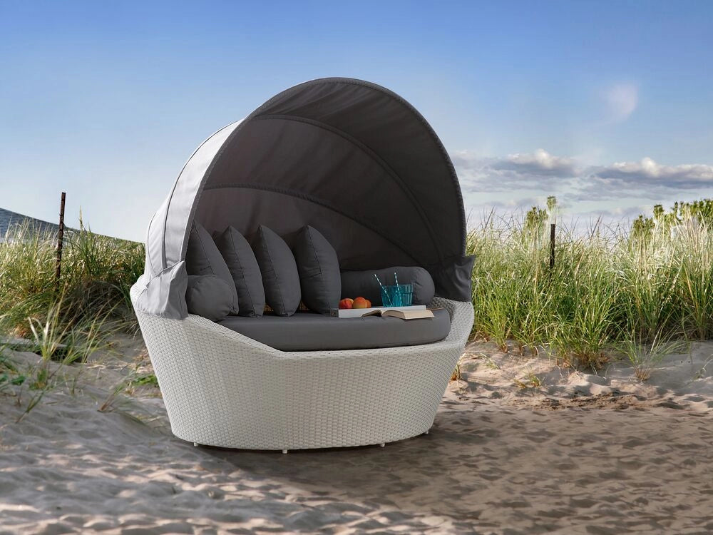 Lettino da giardino in finto rattan bianco e grigio con cuscini resistente agli agenti atmosferici