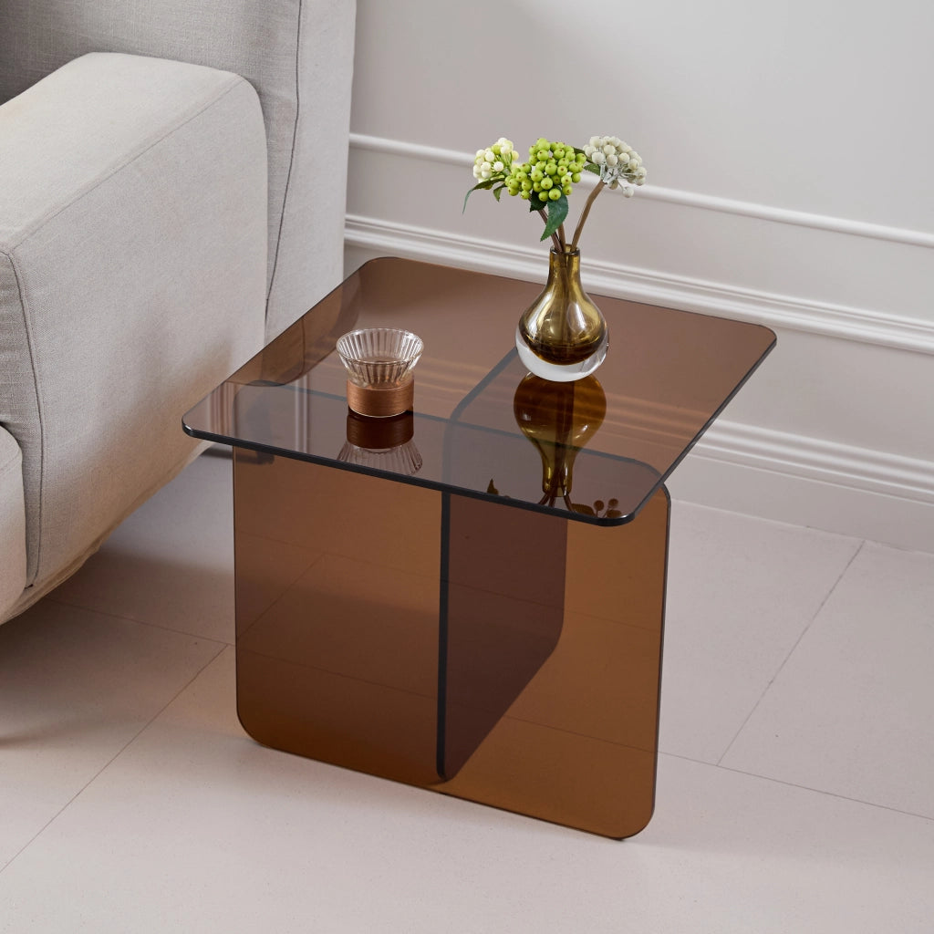 TAVOLINO laterale in vetro curvato marrone 45x45x51 cm