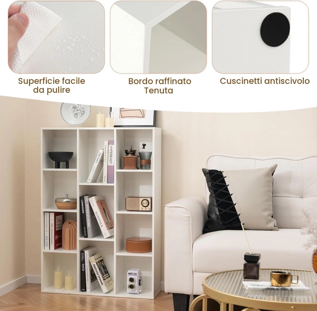 Libreria Aperta con 11 Scomparti, Libreria a Cubi, Arredamento Casa, Scaffale da Ufficio, 74 x 24 x 106 cm (Bianco)