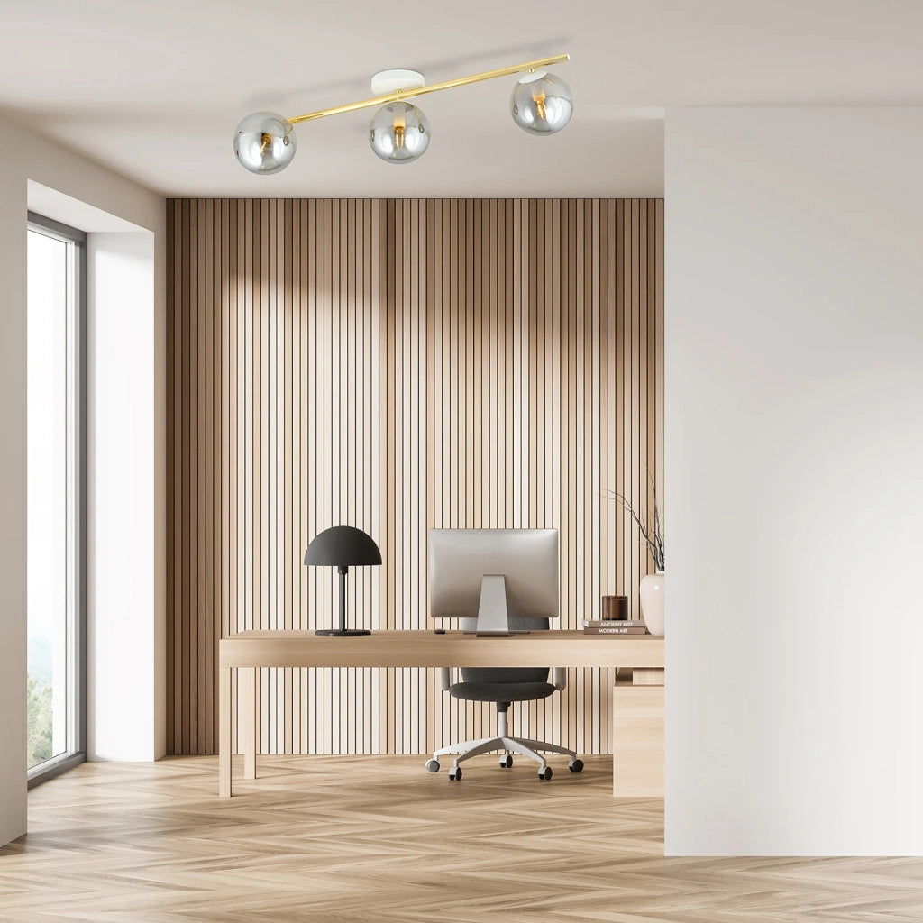 Plafoniera Contemporanea 3 Luci Eracle In Acciaio Oro/Bianco E Sfere Vetro Fumè