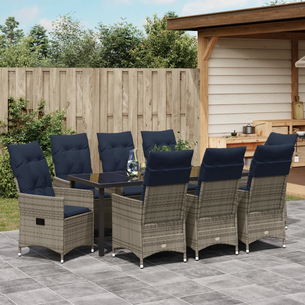 Set Pranzo Giardino 9 Pezzi con Cuscini Grigio Polyrattan