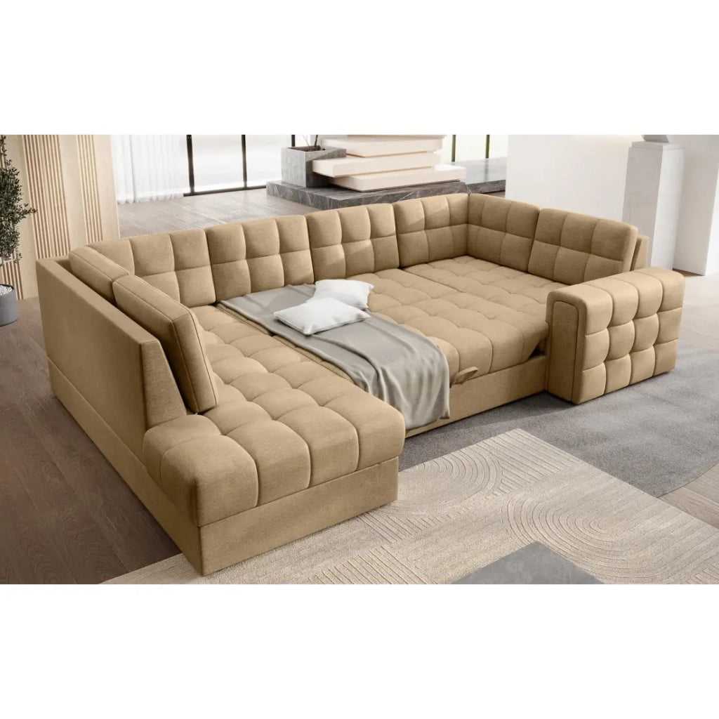 Divano ad angolo convertibile MONTEZA marrone chiaro sinistro 299 cm con vano contenitore e letto
