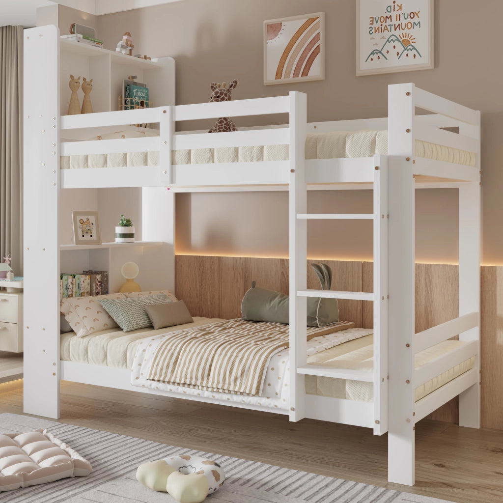 Letto a castello con ripiani e scala dritta a 3 gradini; bianco; 90x200 cm