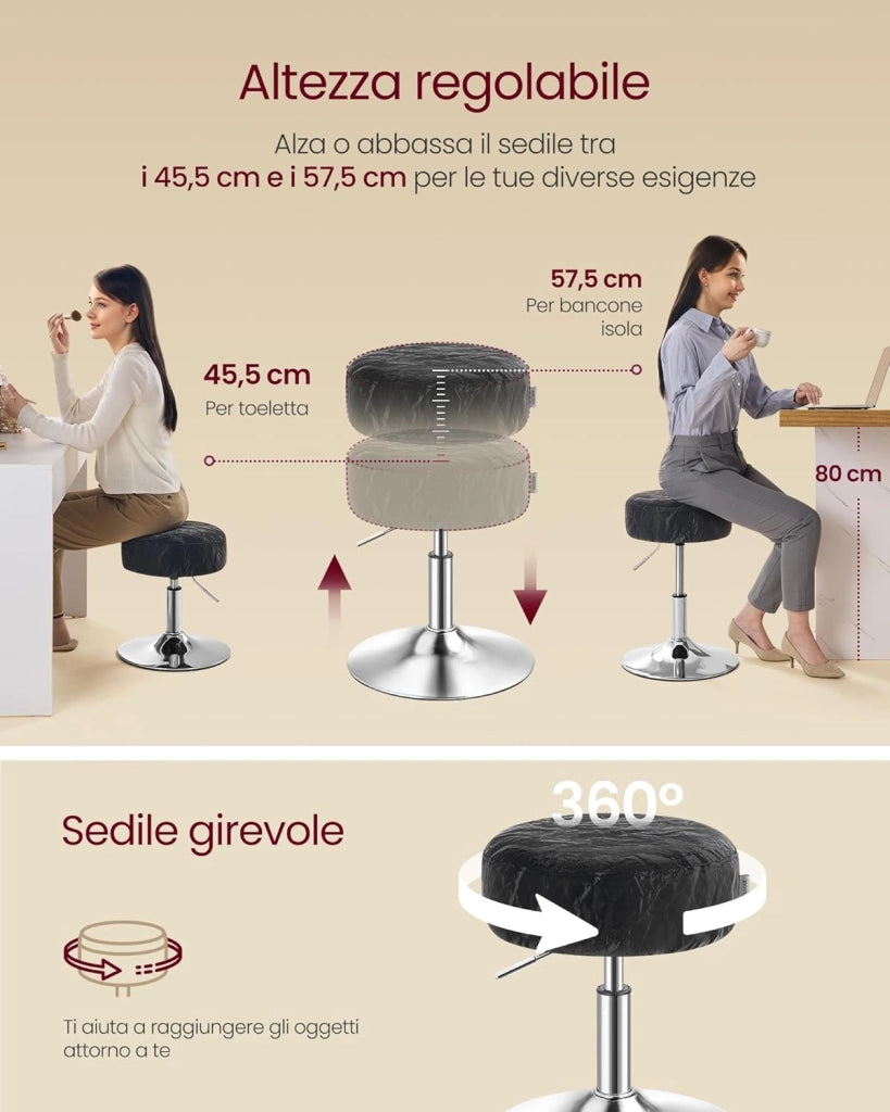 VASAGLE Sgabello da Trucco, Sedia per Toeletta, Regolabile in Altezza, Girevole a 360°, in PU, Seduta Spessa, per Camera da Letto Cucina Sala da Pranzo, Moderno, Nero Inchiostro LJB120B01
