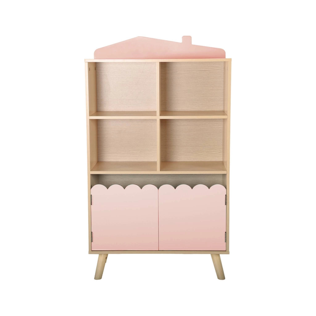 Biblioteca per bambini in legno di pino 2 porte e 4 scaffali, rosa