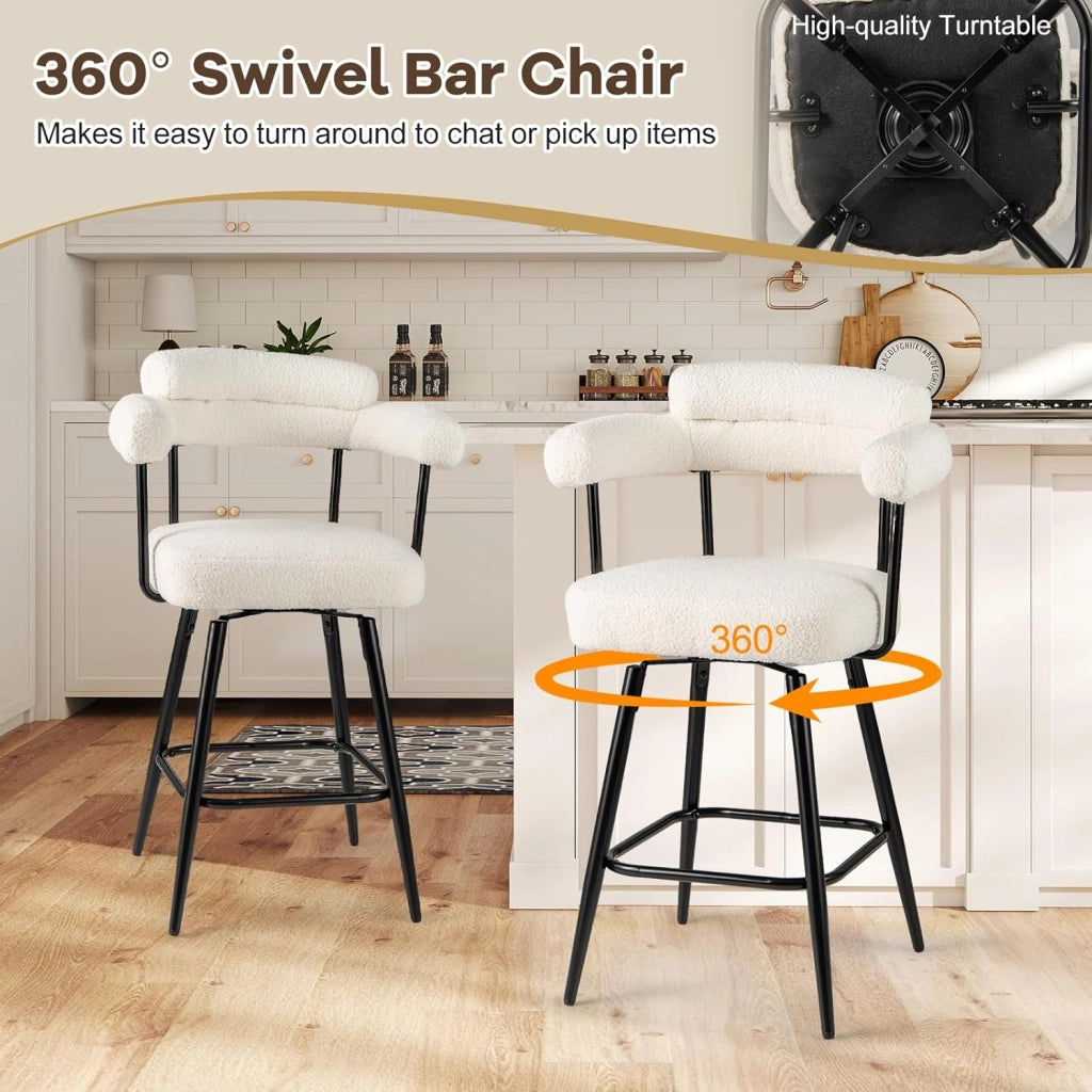 Set di 2 Sgabelli da Bar Girevoli Altezza 69 cm, Sedie Moderne Imbottite con Tessuto Boucle, Schienali Curvi e Gambe in Metallo, Sedie Girevoli per Isola Cucina, Casa, Bianco/Grigio (Bianco)