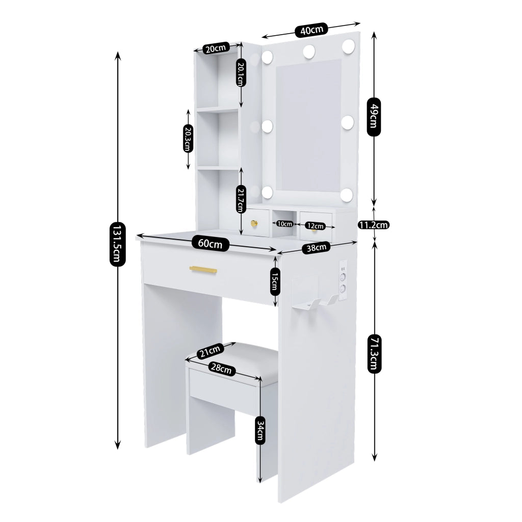 Tavolo da toeletta compatto con specchio LED regolabile; presa; porta asciugacapelli; sgabello imbottito; cassetti e mensola; Bianco; B60×H131;5×P38cm