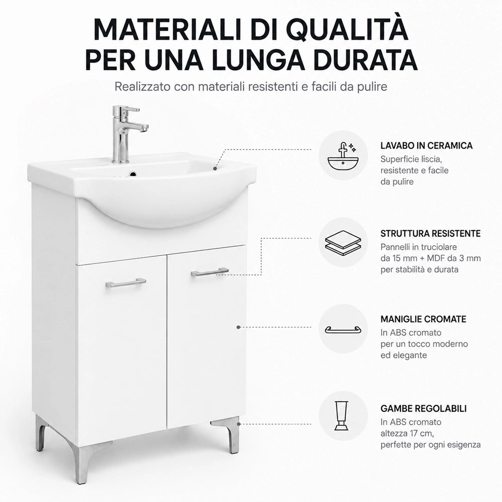 Set Completo Mobile da Bagno da Terra 55 cm Due Ante Bianco Specchio e Accessori