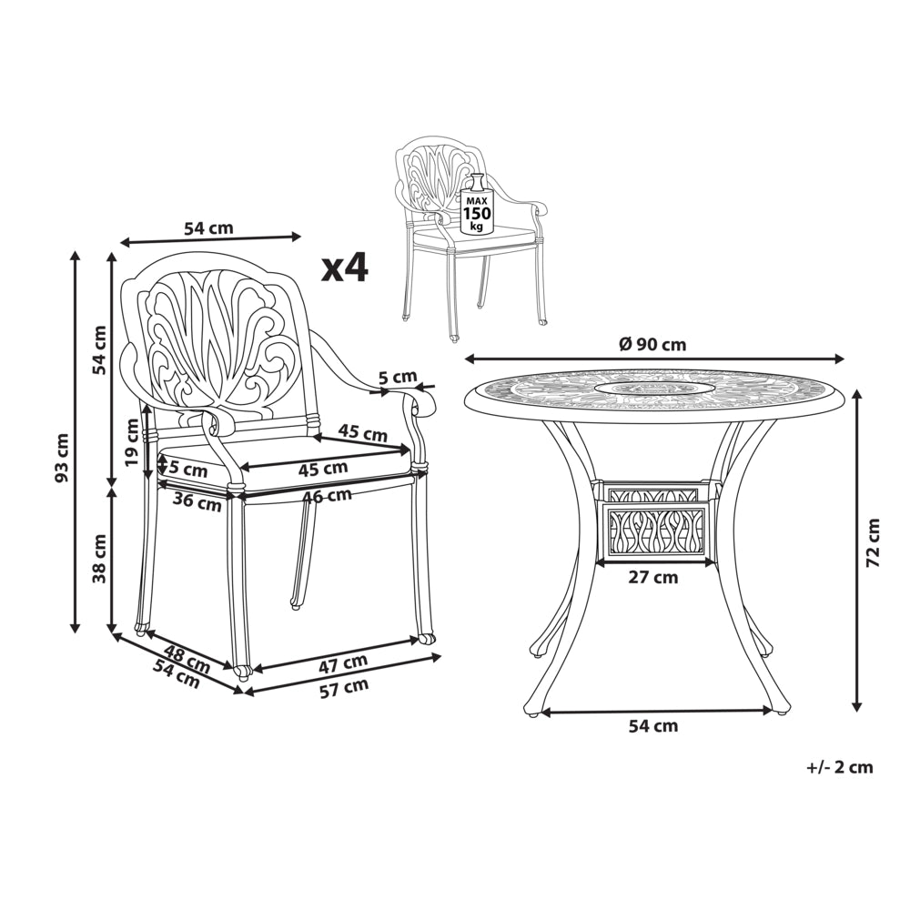 Set da pranzo da giardino Tavolo da esterno in alluminio marrone 4 sedie Cuscino per sedile in poliestere