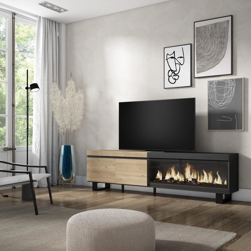 Mobile TV Soggiorno, 208x35x57cm, Per TV fino a 80", Camino elettrico XXL, Design industriale, colore Rovere e nero RF3269