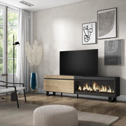 Mobile TV Soggiorno, 208x35x57cm, Per TV fino a 80", Camino elettrico XXL, Design industriale, colore Rovere e nero RF3269