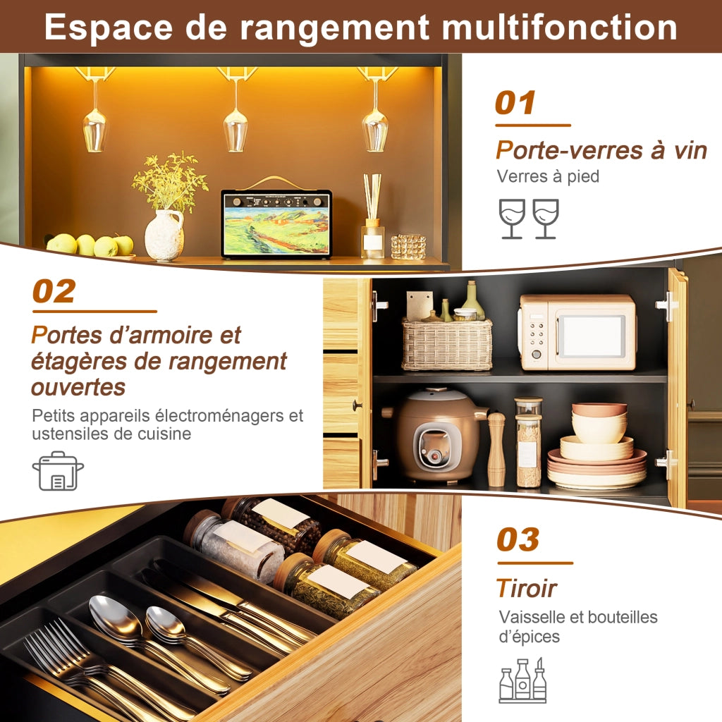 Credenza da cucina con 3 porta calici; presa; LED rgb e vetrina per cucina e sala da pranzo; 100 × 40 × 180 cm