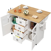 Isola da cucina con 2 ante e 4 cassetti; piano ribaltabile e ruote; 137.9x45x92.5 cm; bianco