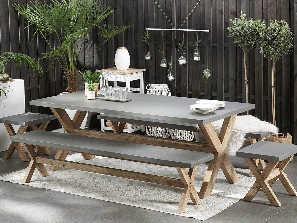 Set da pranzo per esterni in fibra di cemento grigio legno di acacia chiaro 8 persone tavolo 2 panche 2 sgabelli design moderno