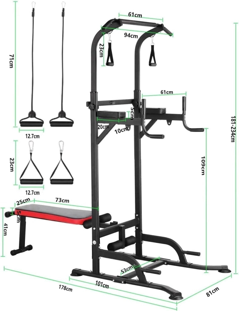 Dip Station Power Tower, torre multifunzione con panca pieghevole, barra per sollevamento pesi per allenamento a casa, con fasce per allenamento, capacità di carico fino a 200 kg