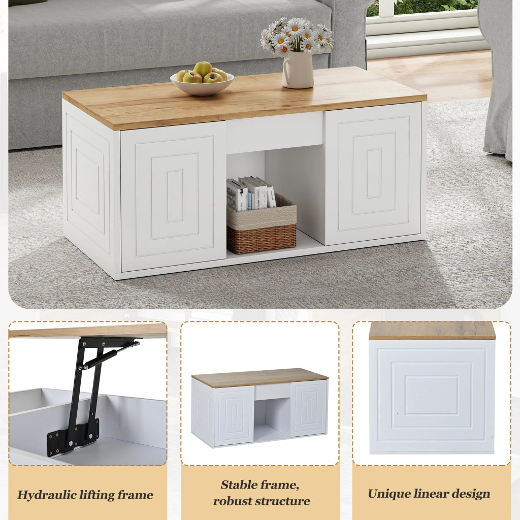 Tavolino da salotto con piano regolabile in altezza, tavolino a due ante, finitura effetto legno, bianco e color legno naturale