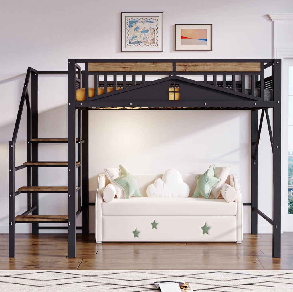 Letto a soppalco 140x200 cm in metallo con scala di sicurezza e spazio sottostante; nero