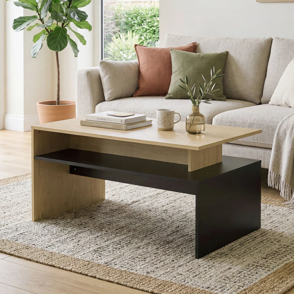 Tavolino da caff¨¨ moderno bicolore a livelli ¨C zephmum ¨C 95x55x50 cm legno naturale e nero