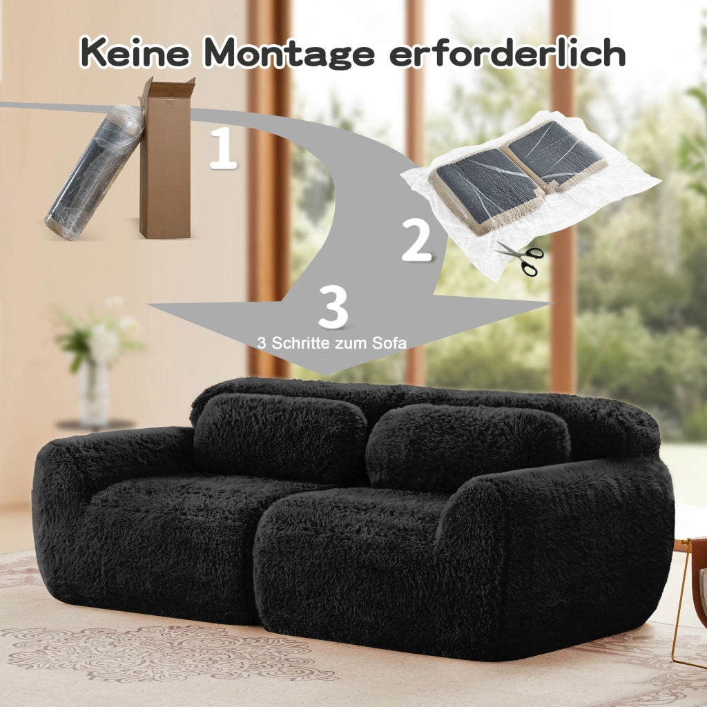 Divano angolare modulare a 2 posti in tessuto peluche nero con schiuma 32D e base antiscivolo