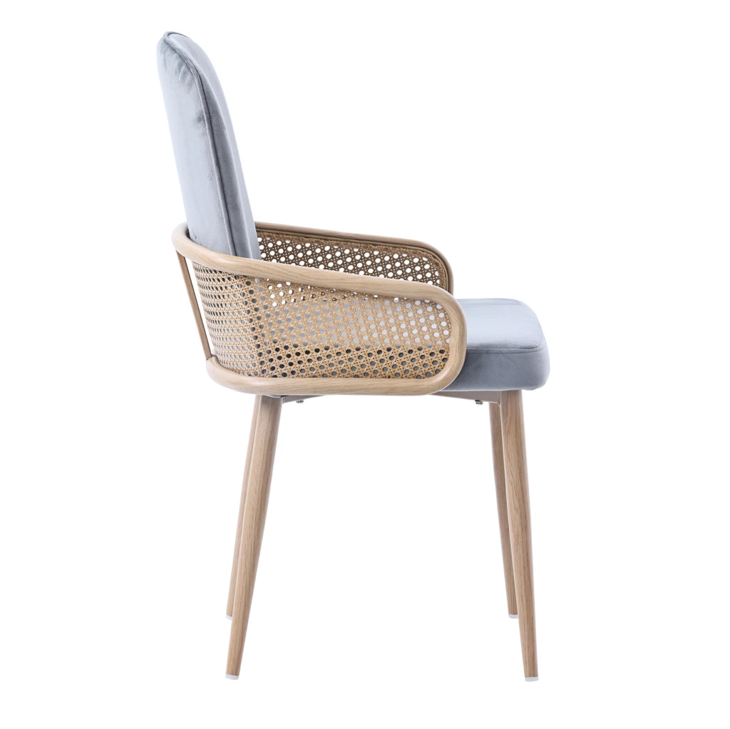 Set di 2 sedie da pranzo in velluto; rattan PE e metallo; grigie