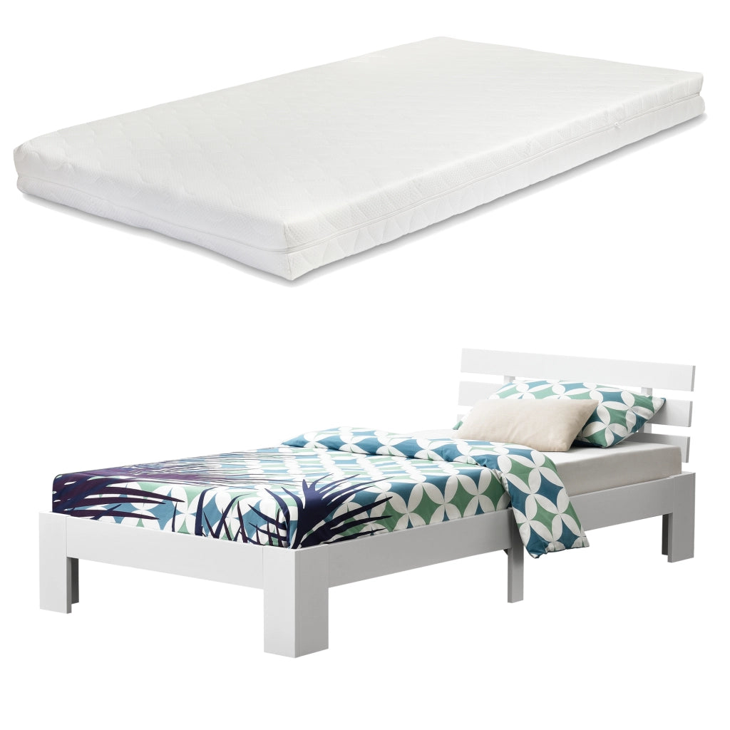 Letto in Legno di Pino con Materasso a Schiuma Fredda 90 x 200 cm Letto Singolo con Testiera in Stile Moderno - Bianco