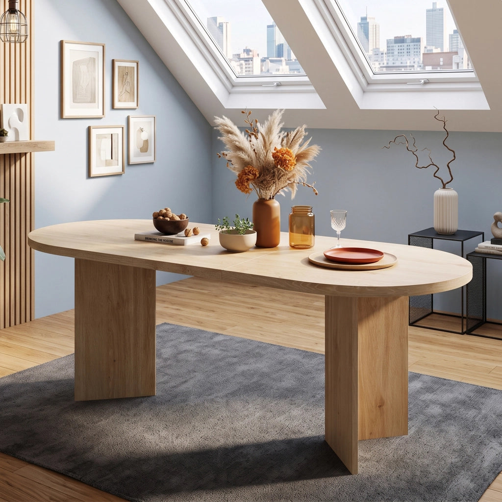 Tavolo da pranzo ovale 200x90x75 cm per 6-8 persone; piano spesso 18 mm con angoli arrotondati; MDF effetto rovere