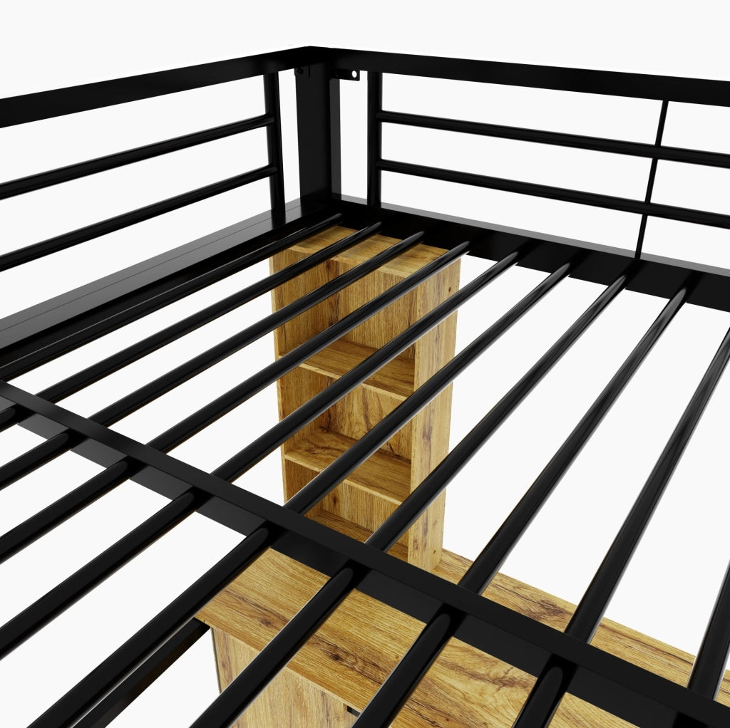 Letto a soppalco in metallo e MDF 140x200 cm con scrivania; armadio; scale contenitore e USB; nero