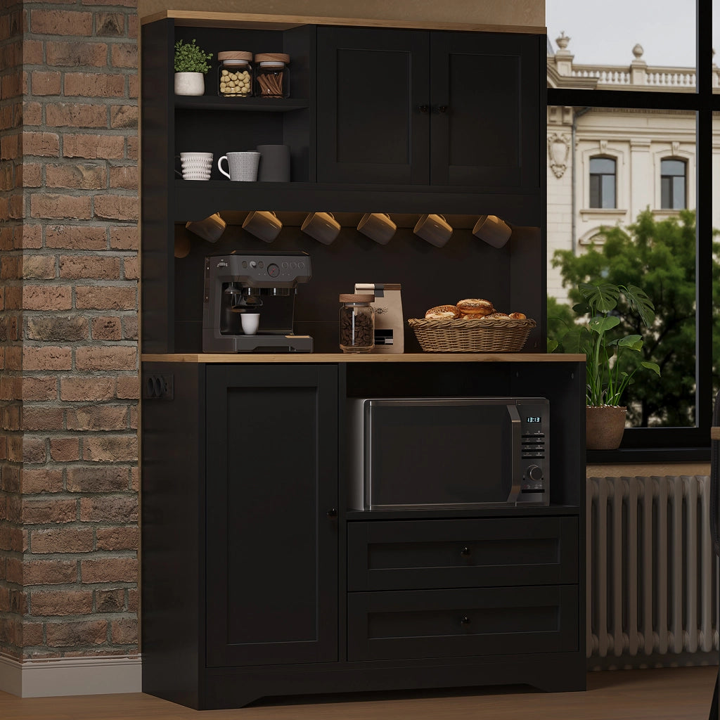 Credenza da cucina alta con LED, presa integrata, 2 cassetti e ripiani regolabili, per cucina, nero, 100 × 40 × 163 cm