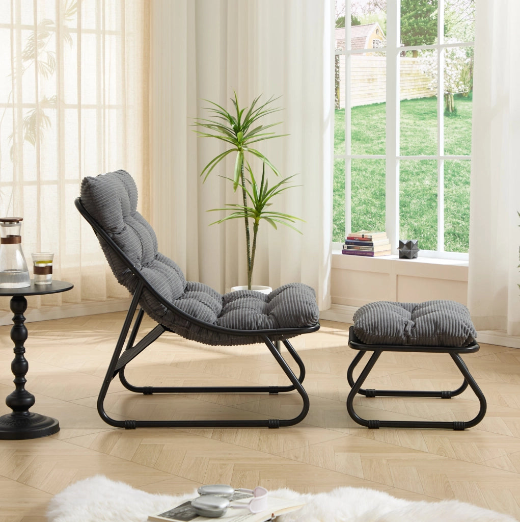 Poltrona lounge da esterno con pouf in acciaio grigio