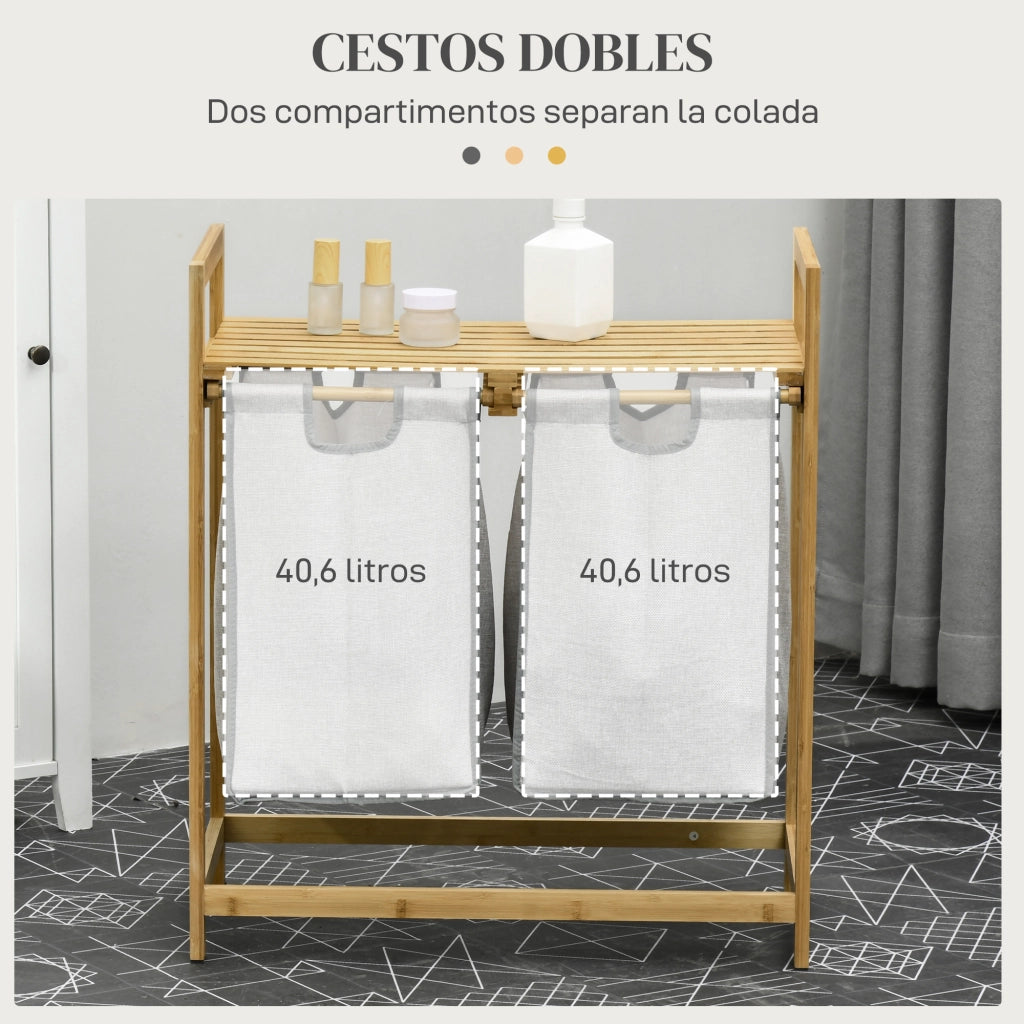 Cestino per Biancheria in Bamb¨´ con 2 Sacchetti Estraibili e Ripiano ¨C Zephmum ¨C 64x33x73 cm Naturale