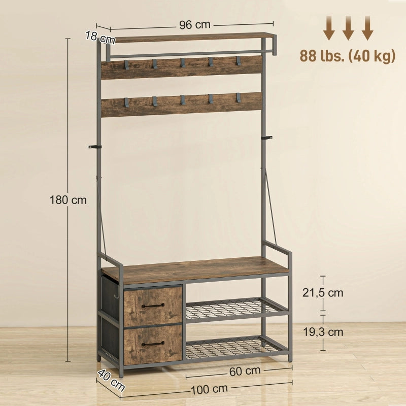 Garderobiera 6 in 1 con panca, scarpiera, 10 ganci e 2 cassetti in tessuto, stile industriale