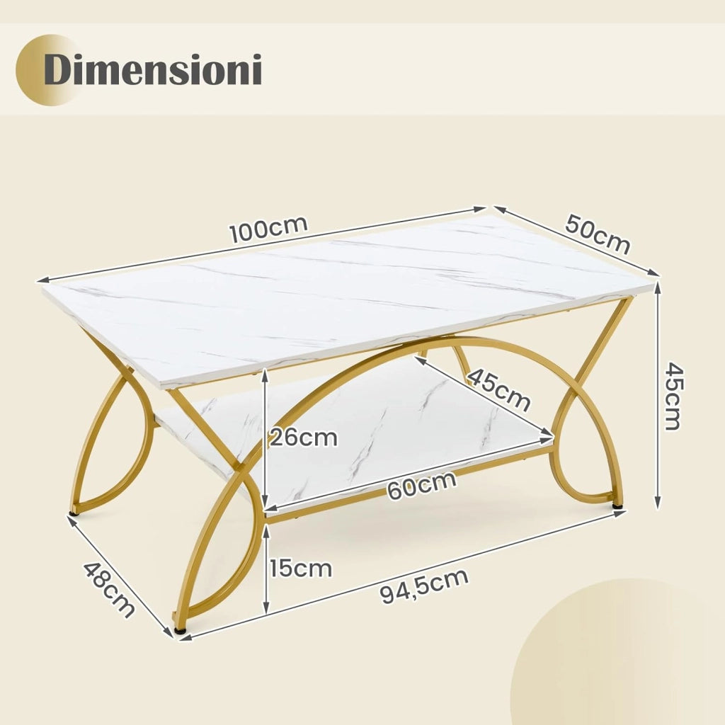 Tavolino da Caffè da Salotto, Tavolino Rettangolare a 2 Livelli con Struttura in Metallo, Tavolino Elegante e Moderno per Studio, Ufficio e Soggiorno, 100 x 50 x 45 cm (bianco e oro)