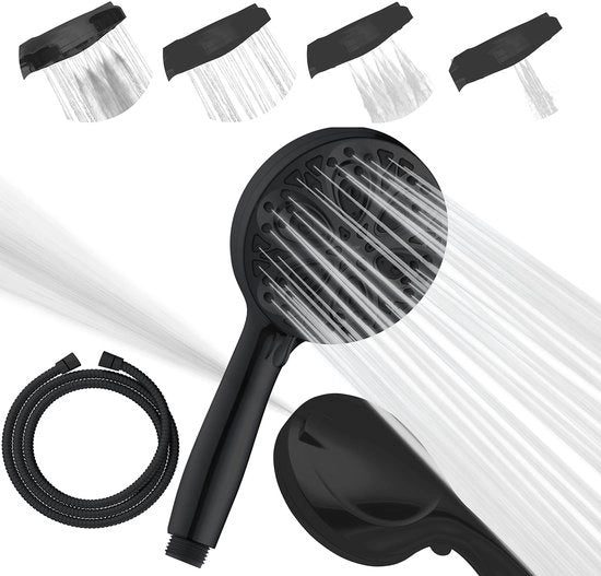 Douchekop con alta pressione con 10 posizioni - Maniglia da doccia a 5" con alta circolazione e getti ad alta pressione - Incluso tubo in acciaio inox premium (Nero lucido mat)