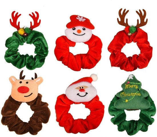 Set di Fasciature per Capelli 6 pezzi - Scrunchies in Velluto - Tema Natale - Disegni di Albero di Natale/Personaggi di Natale/Neve - Flessibili - Soffici - Idonei per la Pelle - Fasciature per Capelli Scrunchies