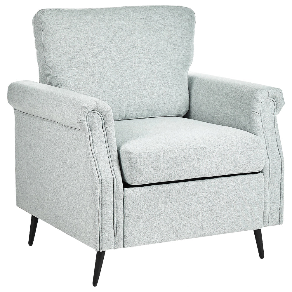 Poltrona Rivestimento in Tessuto Grigio Chiaro Gambe in Metallo nero Cuscini Seduta e Schienale Sfoderabili Stile Retrò Glam