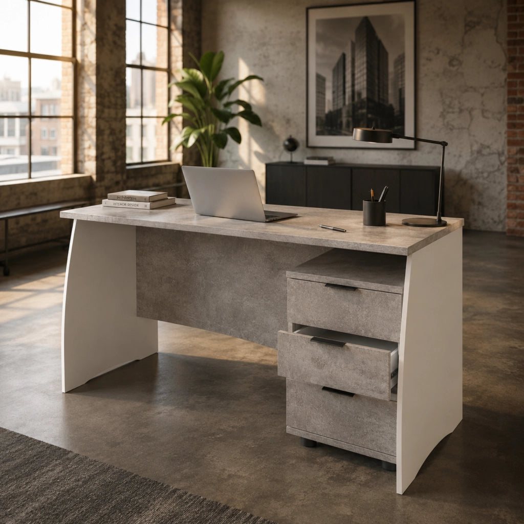 Scrittoio  Con 3 Cassetti Scrivania Da Studio O Ufficio Mobile Desk Per Soggiorno E Sala Da Pranzo 136 X 74 X 67 Cm Bianco E Grigio Cemento