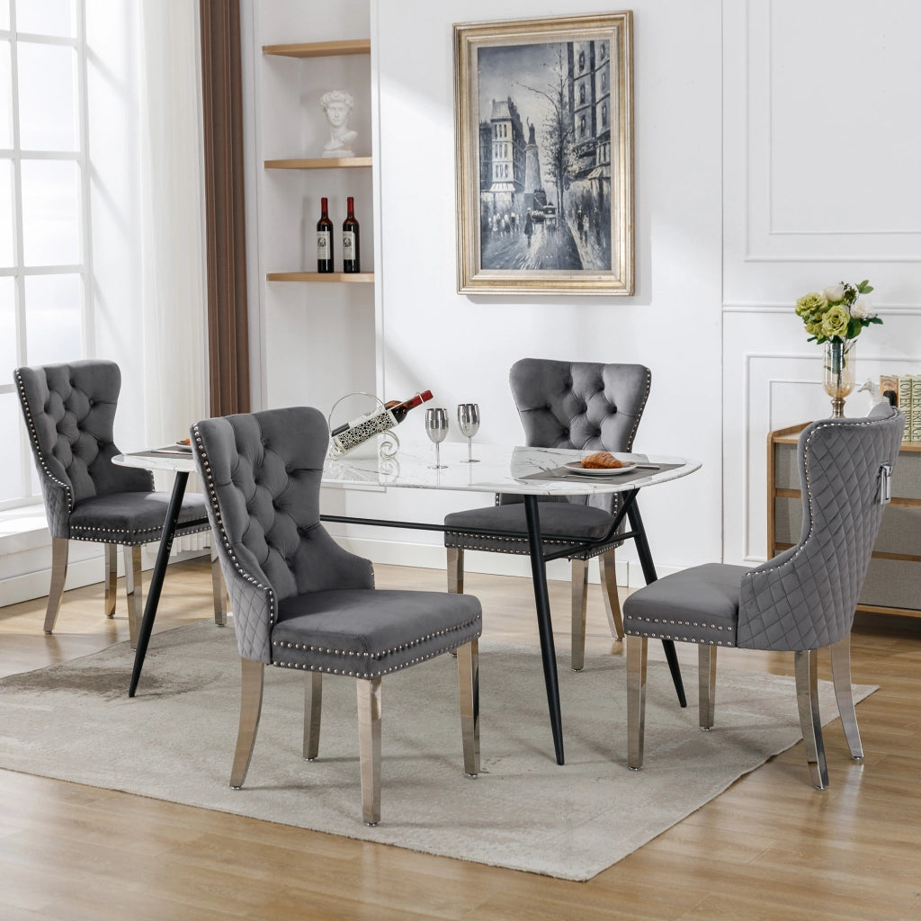 Sedie da Pranzo Set 4 Pezzi ¨C MINIMAL ¨C Velluto Grigio, Gambe in Metallo, Schienale con Borchie