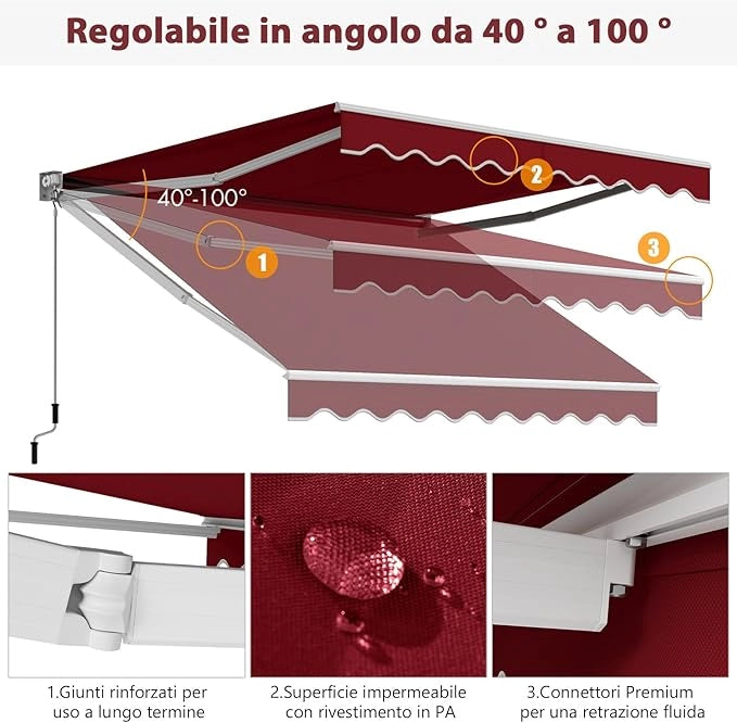 Tenda da Sole per Esterno Avvolgibile, Tenda da Sole a Bracci Estensibili con Telaio in Alluminio e Tettuccio Resistente al Sole e Impermeabile e Manovella (295 x 250 cm,Rosso)