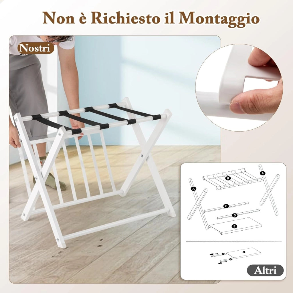 Portavaligie Pieghevole, Porta Valigie Poggia Bagaglio a 2 Ripiani, Cavalletto da Valigie, per Hotel e Viaggio, in Metallo, 68 x 43 x 56 cm (Bianco 2)
