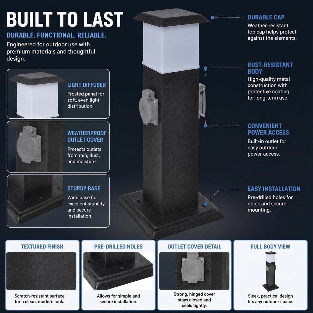 Garden Socket Outlet Tower Black With Lamp