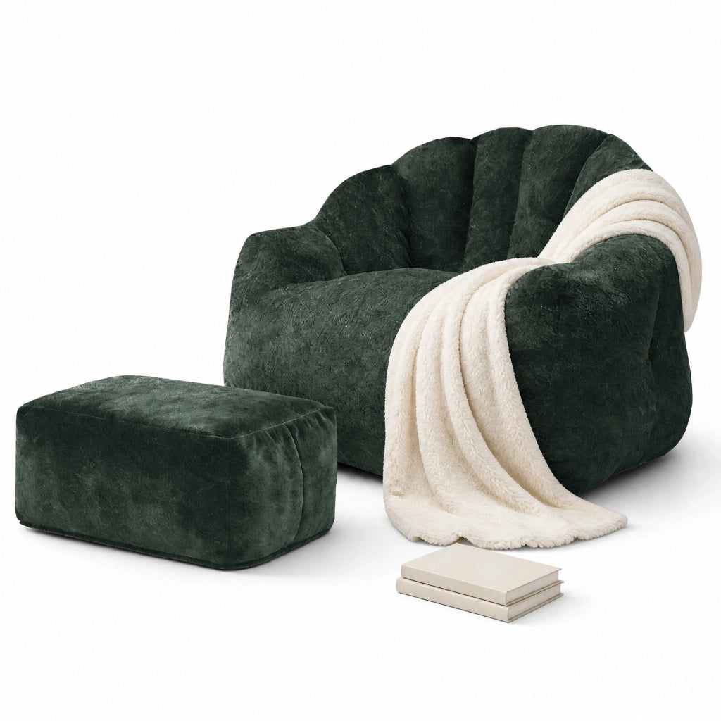 Poltrona singola con pouf, velluto a coste verde scuro, schienale a petalo