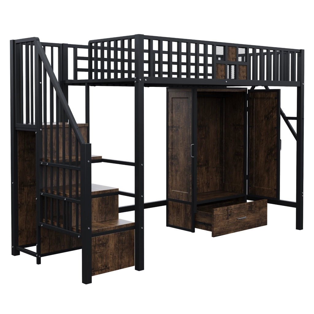 LETTO a soppalco 90x200 cm nero con armadio, cassetto e scaletta contenitore
