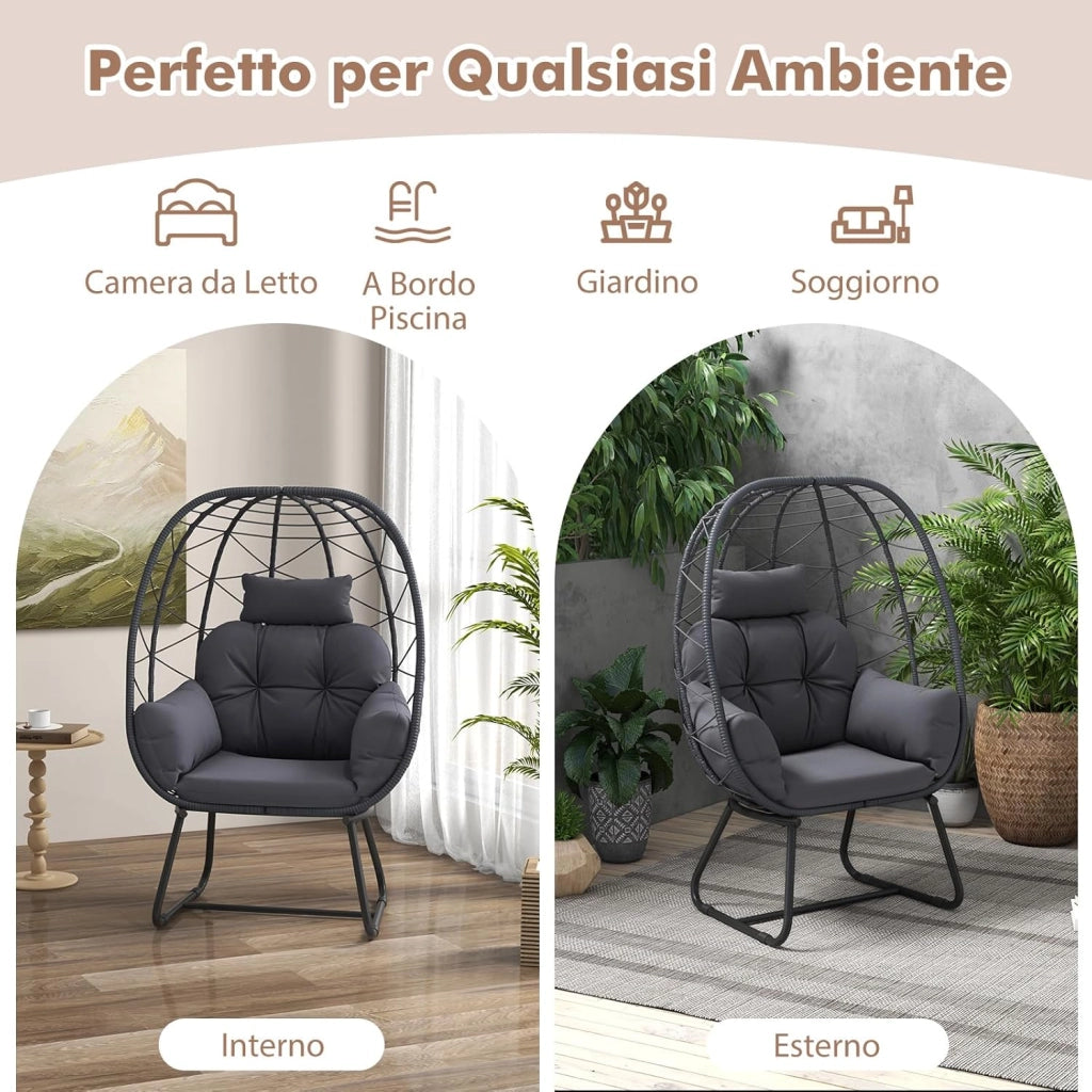 Poltrona in Rattan da Giardino, Sedia a Nido con Cuscino Rimovibile, Supporto in Metallo, Sedia a Uovo da Interni ed Esterni, Portata 150 kg, 100 x 76 x 145 cm (Grigio)