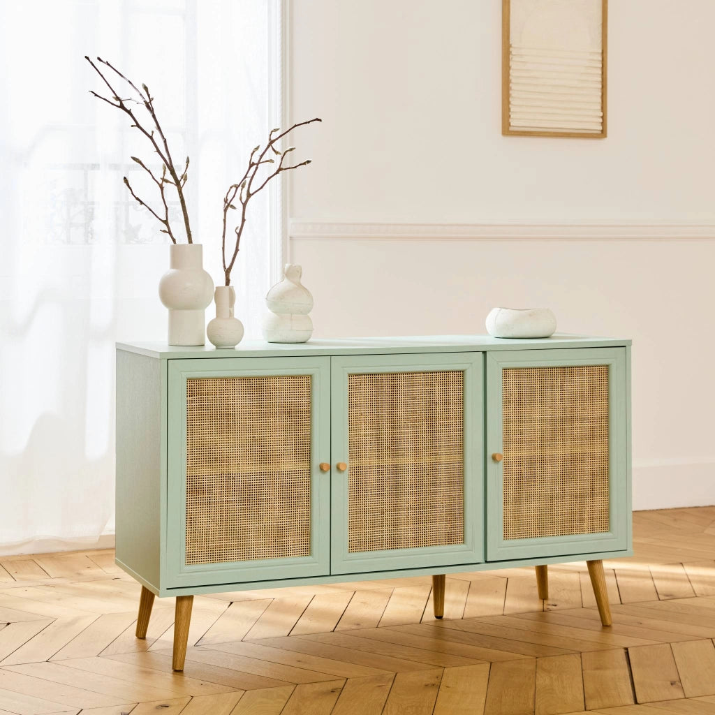Credenza 3 ante in cannage, 120 cm, verde celadon