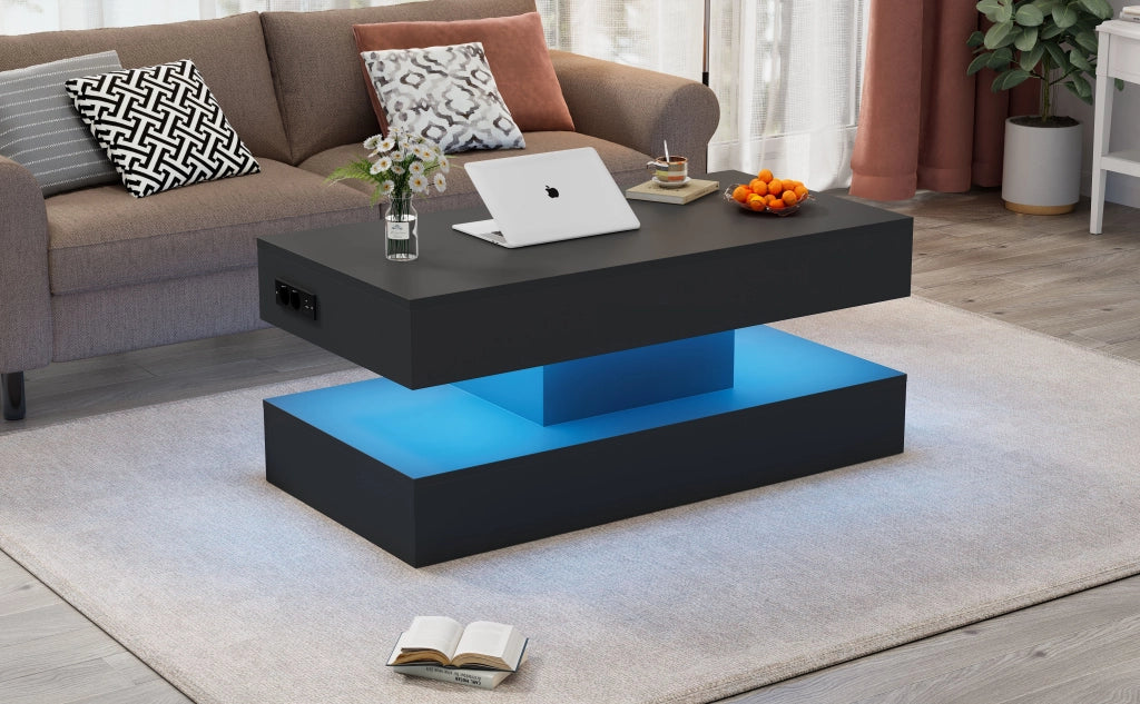 TAVOLINO da caffè alzabile 100x50x42 cm con LED e prese UE nero in truciolare