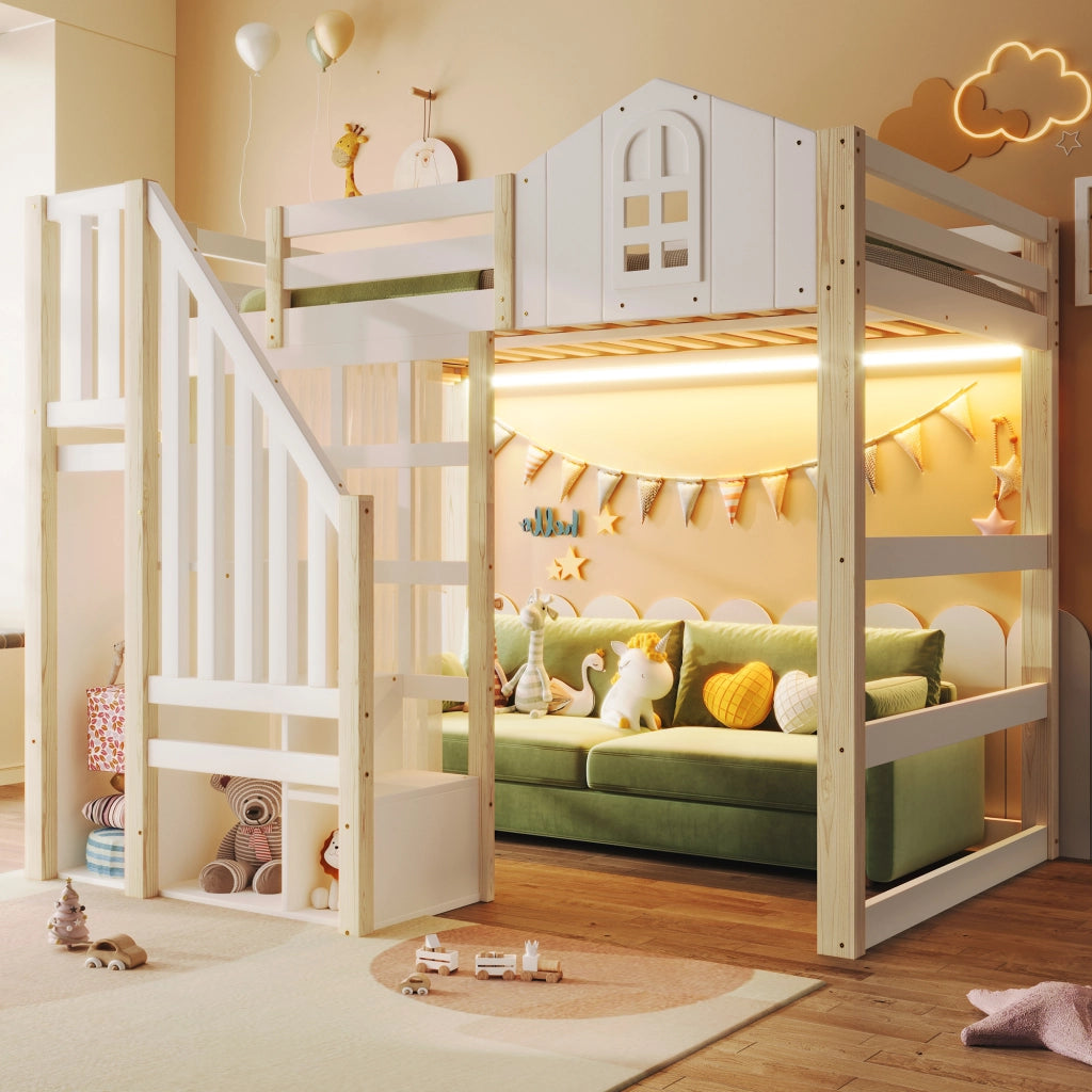 LETTO A SOPPALCO 140x200 cm con luci LED, scala contenitore, Bianco/Naturale