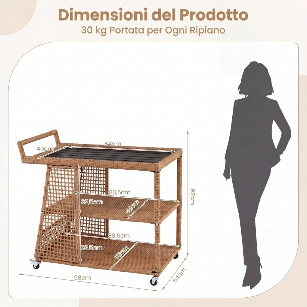 Carrello Bar in Rattan, Carrello Portavivande con 3 Ripiani Aperti e 4 Ruote, Maniglia Ergonomica, Moderno Carrellino Servizio Esterno Interno per Giardino, Terrazzo, Cucina, 98 X 54 X 92 CM