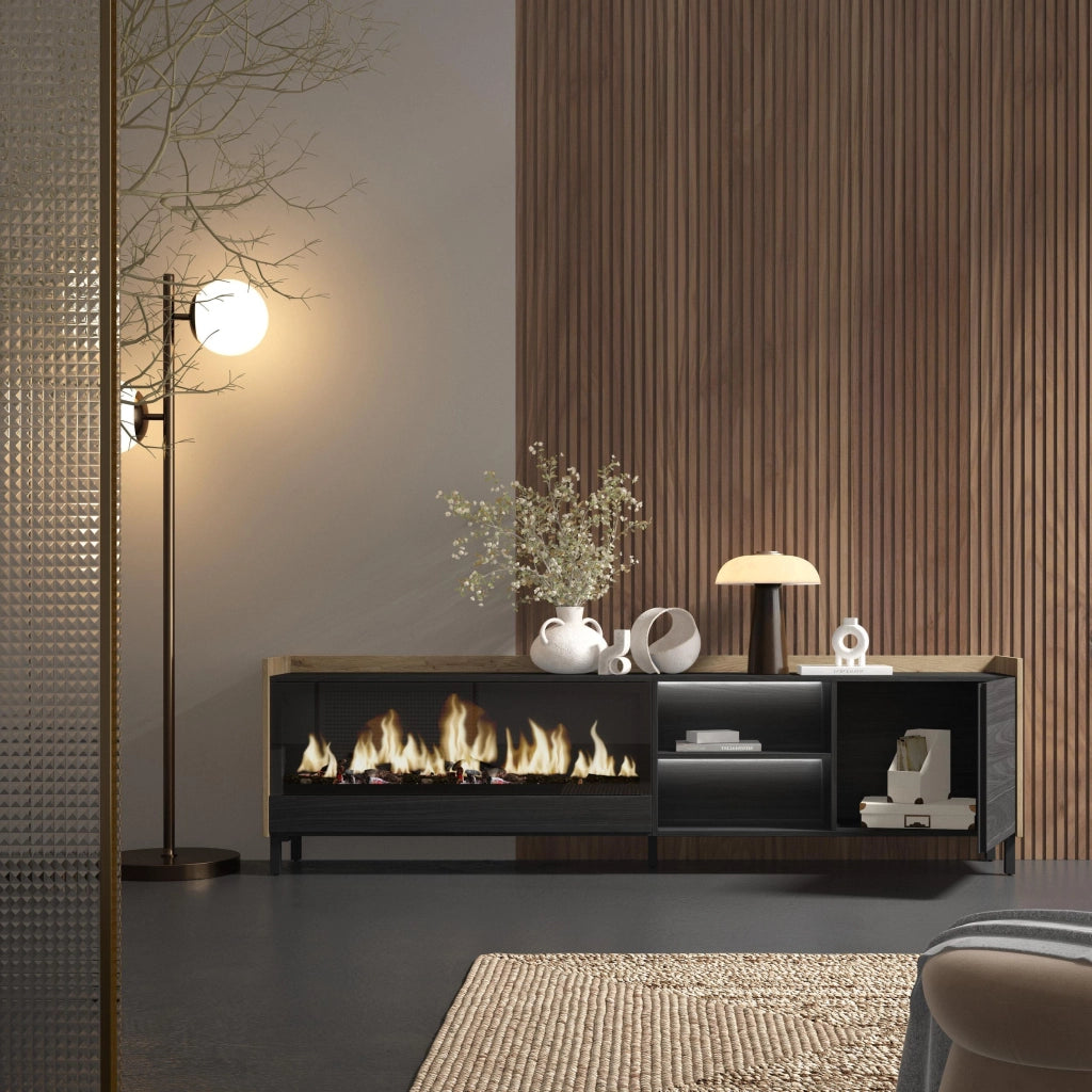 Mobile TV Soggiorno, 212x61x35 cm, Per TV fino a 80", Camino elettrico XXL, Design industriale, LED, Nero e rovere