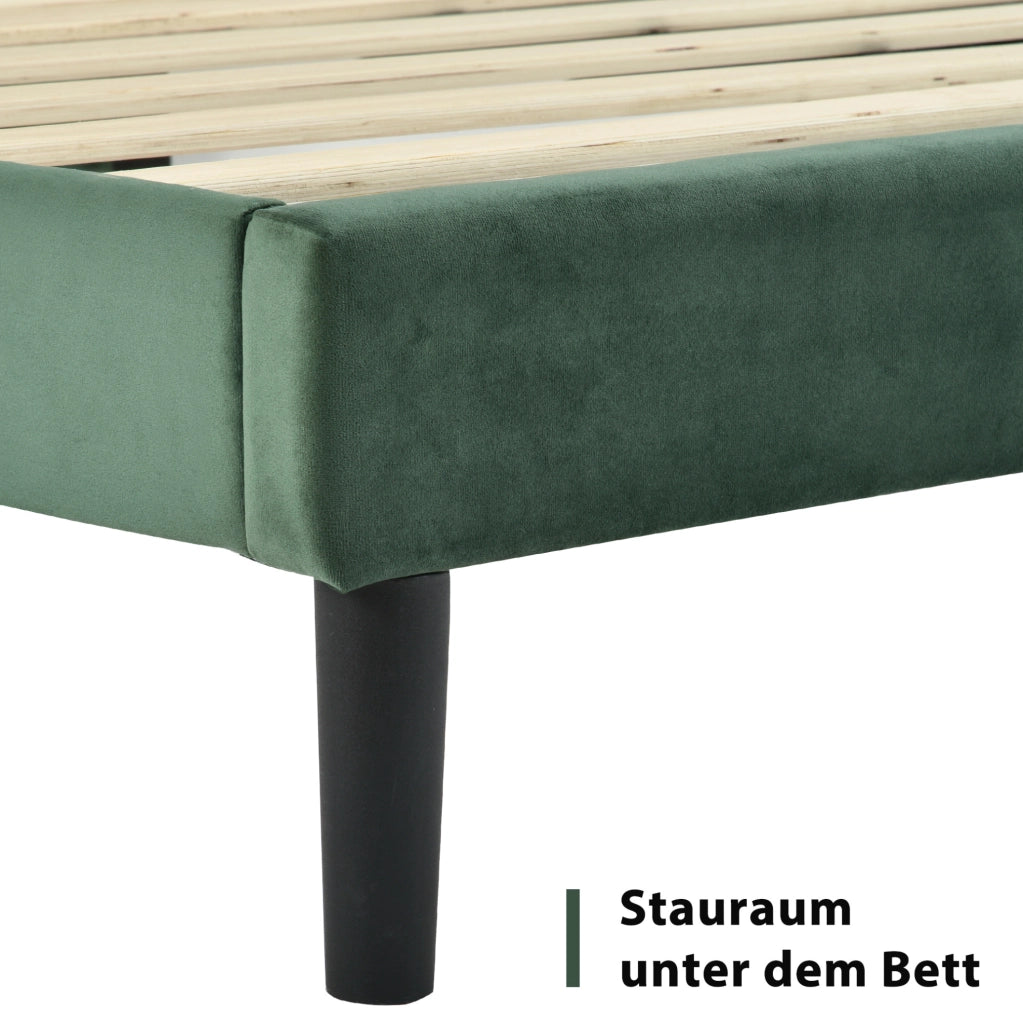 Letto matrimoniale 140x200 cm in velluto verde scuro con testiera e rete a doghe